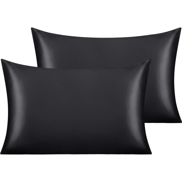 2-pack silke satin örngott för hår och hud, lyxiga och silkeslen standard kuddfodral, 50x75 cm, svart Black