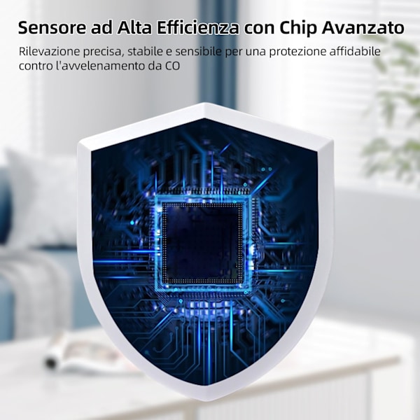 Kolmonoxiddetektor med hörbart alarm, högkänslig CO-sensor, LED-display, enkel installation, uppfyller EN 50291 för hemsäkerhet.