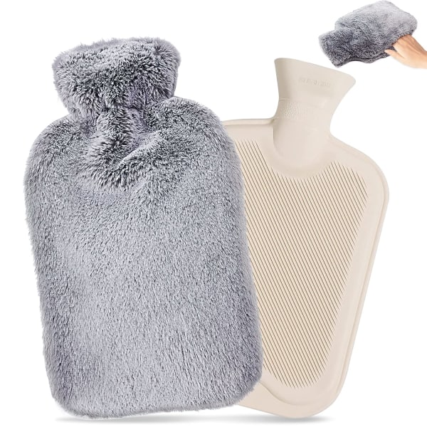 Varmtvandsflasker, 2 liters kapacitet, kølende koldt varmtvandsflaske med ren naturgummi og hyggelig, i grå til ryg, nakke, talje, ben, seng varm grey
