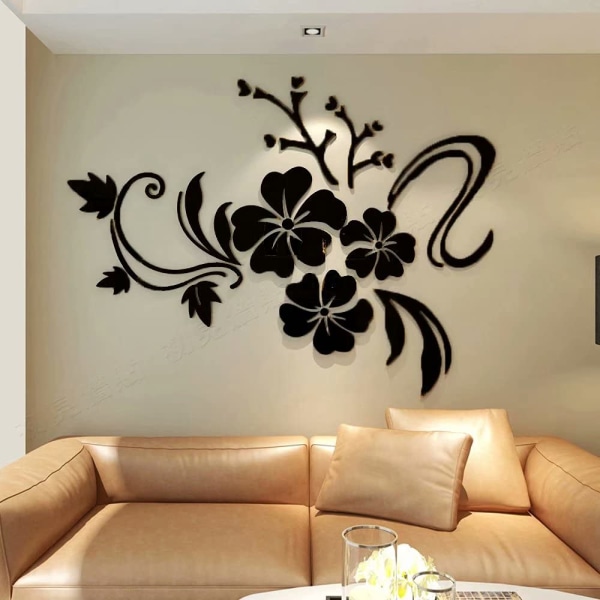 3D veggklistremer blomster speil veggklistremer blomster klistremer moderne kunst veggdekorasjon klistremer for stue hall soverom hjem sofa vegg black