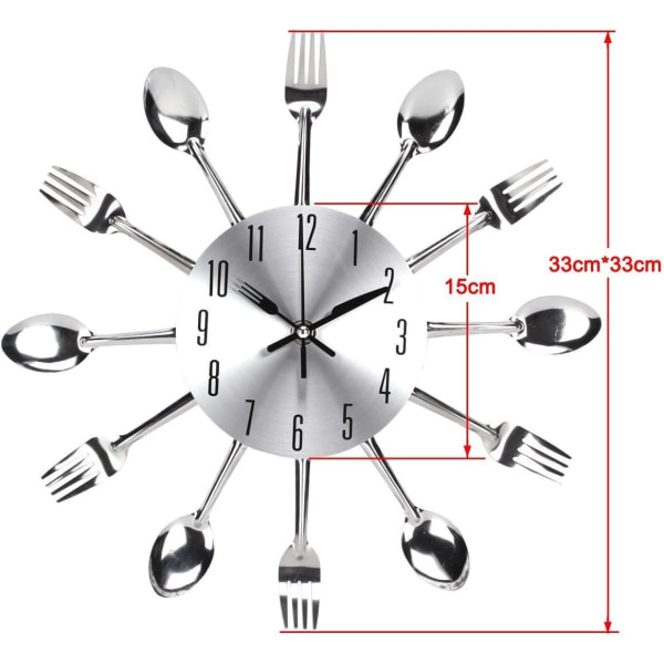 Spejleffekt Køkkenur med Ske Gaffel Aftagelig 3D-klistermærke til Hjemmedekoration 32*32*4CM Metal Sølv