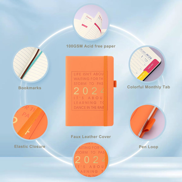 2024 Dagsplanerare A5, Vecko- och månadsplanerare Tjockt papper, Årlig agenda Vecka för vecka Dagbok från januari-december 2024 (A5, Orange) Orange