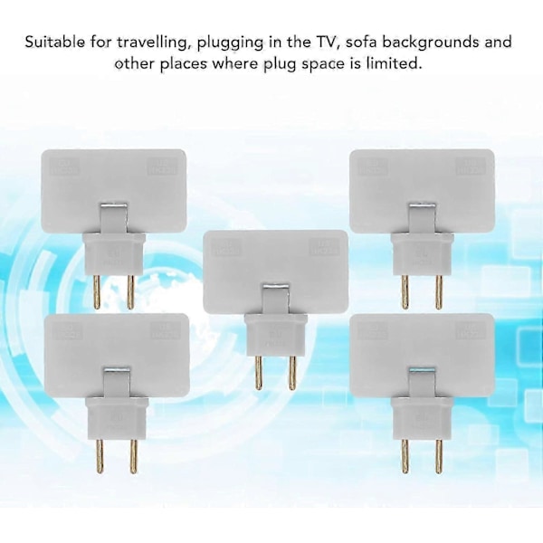 5 stk. Flat Stikkontakt Trådløs Pluggkonverter 180 Graders Rotasjon 1 til 3 EU Pluggadapter 110-250V for Plassering Bak Møbler.