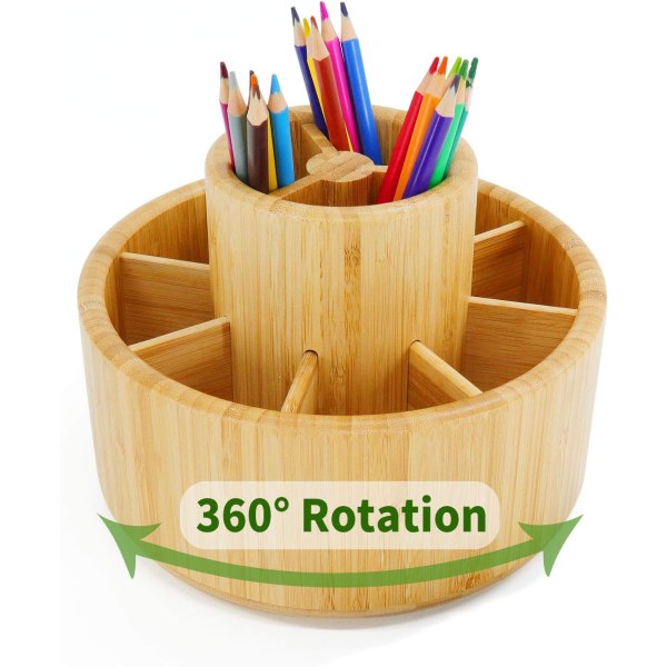Bambus roterende blyantholder, træ desktop pen opbevaringsboks, farveblyant caddy, 360 graders opbevaring til kunst pensler, Sticky Notes, maling