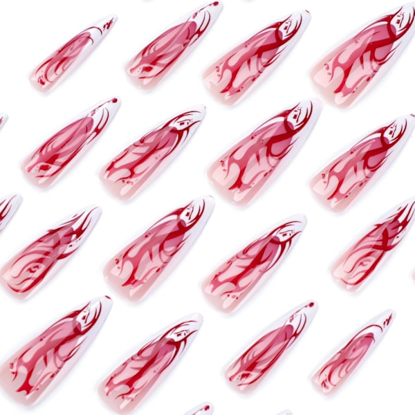 Halloween-kynnet, Halloween-liimatut kynnet pitkät, pitkät stiletto-kynnet liimatut Halloween-kuvioilla Xl pitkä pituus (vaaleanpunainen & punainen & valkoinen, ranskalainen kärki)