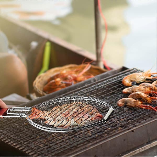 Grillfiskekurv i rustfrit stål, robust grillrist i rustfrit stål med håndtag