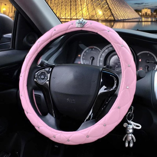 Rattskydd med Bling Diamond, Universal Läder Anti-Slip Bilskydd Rattskydd Glittrande Krona Biltillbehör för Kvinnor Damer (Rosa) Pink