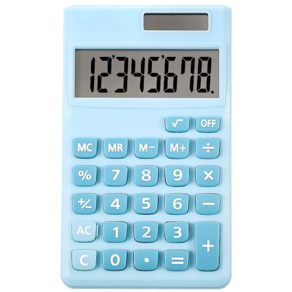 Lille lommeregner, grundlæggende lommeregner, mini-skrivebordslommeregnere, håndholdt skrå 8-cifret LCD-display, standardfunktionslommeregnere (blå)