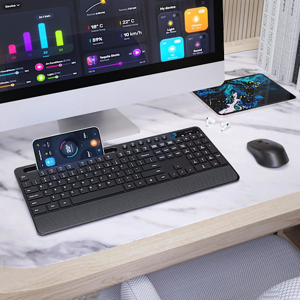 2,4 GHz trådlöst ergonomiskt tangentbord i fullstorlek med telefonhållare och 10 oberoende genvägar, tyst mus med 4 DPI