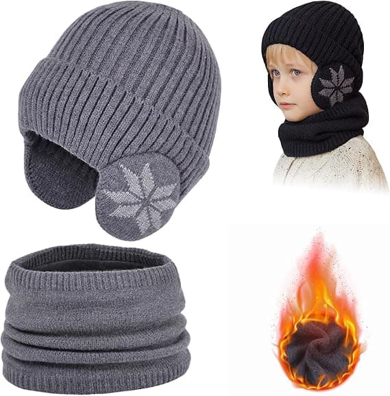 Vinterfleecescarfset för barn, småbarn pojkar flickor vinter varm stickad mössa och halsduk set, mörkgrå