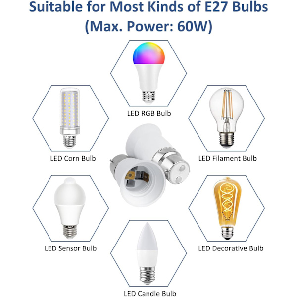 2-pack B22 till E27 Sockelomvandlare, Bajonett till Skruv Edison Glödlampa Adapter, BC till ES Lampbas Adapter, Max Effekt 60W, Spänning 0-250V