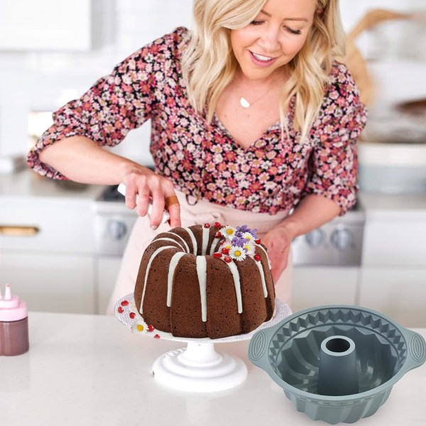 Kakeformer for baking, nonstick-kakeform med rund riflet rør med solid håndtak, kakeform for baking av muffinskakepudding（grå） Gray