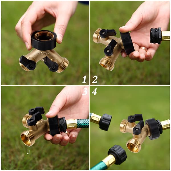Hageslangesplitter 2-veis, kraftig messingkobling, Y-splitter 2 ventiler