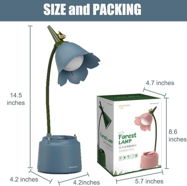 LED Børne Skrivebordslampe, Blomster Bordlampe, Læselampe med Justerbart Lys og Touch Sensor (Blå) Blue