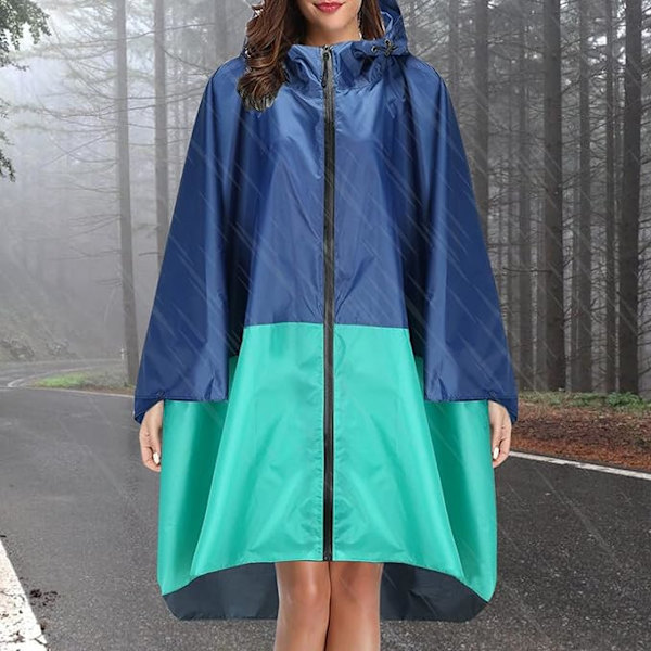 Regnjakke Dame Herre Regnponcho Regnfrakk Vanntett Lett Regnklær med Hette Regnkappe Jakke Regnponcho Kappe blue+green