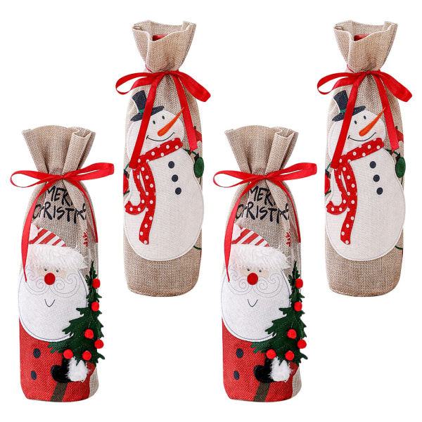 4 stycken julvin cover påsar Jultomten Snögubbe Mönster flaska Wrap Xmas Rödvin Presentpåsar för hemmet Middagsbord Burlap Godis Presentpåse