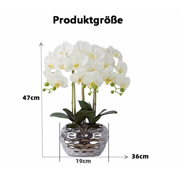 Konstgjord orkidé Phalaenopsis med silverfärgad keramik kruka