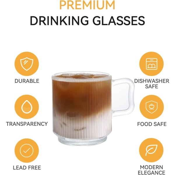 [4 Pack, 12 OZ-Premium glass kaffekopper med lokk og skjeer, klassiske vertikale striper kaffekopp, glass krus for varme/kalde drikker.