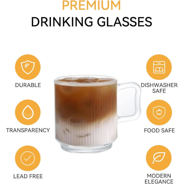 [4 stk., 12 OZ-Premium glas kaffekopper med låg og skeer, klassiske lodrette striber kaffekop, glaskopper til varme/kolde drikkevarer.