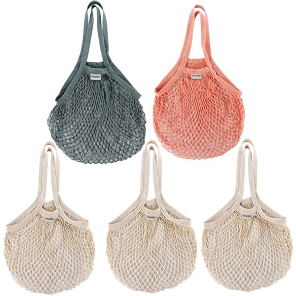 Shopping Bag Net Gjenbrukbar Shopping Bag Mesh Cotton Shopping Green+Orange+White*3