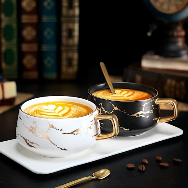 2 stk. Cappuccino kopper med underkopper, 300 ml porcelæn espressokopper til te, kaffe, cappuccino, kaffekopper med træskive (hvid*2) White*2