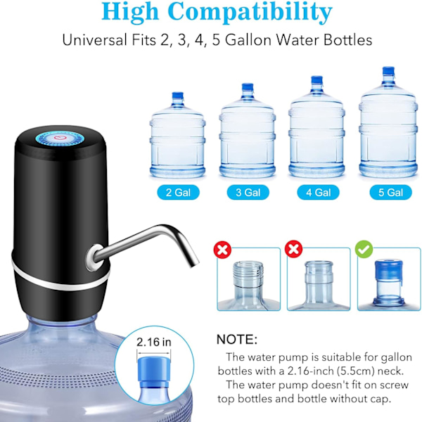 5 Gallon Vann Dispense, Elektrisk Drikkevann Pumpe Automatisk Bærbar Vannkanne Pumpe for 5 Gallon Flaske - Svart