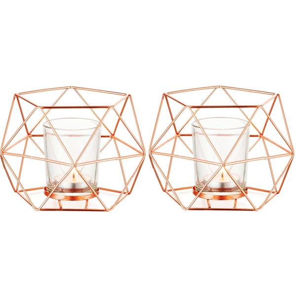 Ljusstakar Guld Geometrisk Dekor - Tealight Holder för Tealights Dekorativa Ljusstakar Accenter för Hembord Hylla Mantel, Roséguld, 2 st rose gold