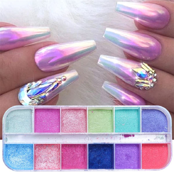 12 rutnät nagelglitterpulver, 3D gnistrande nagelkonst färgglad glänsande glitter sjöjungfru spegeleffekt pärlpuder regnbåge neon nagelpulver regnbågsglitter
