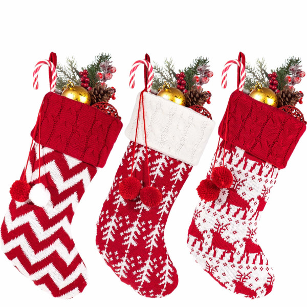 Strikkede julestrømper, 3-pak store jule-hængestrømper til julepynt og dekoration til familieferien (hvid og rød)