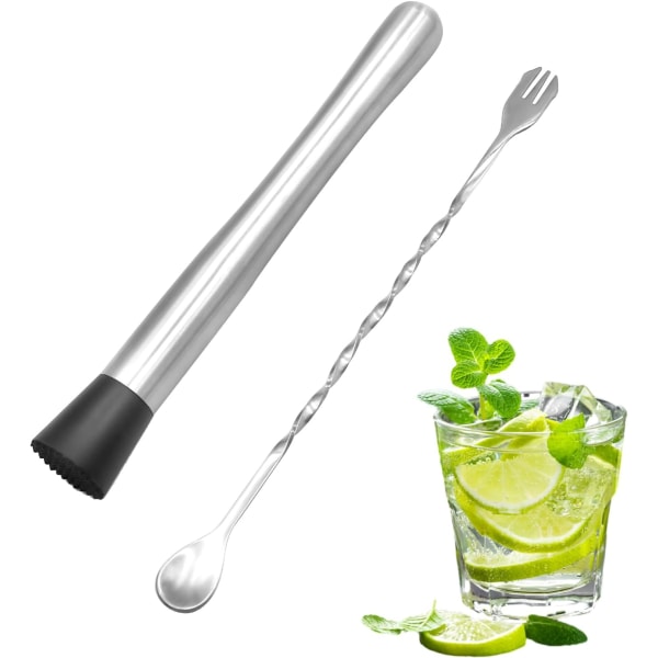 Rustfrit stål cocktail muddler, med 1 blandeske, cocktailshaker sæt, cocktailfremstillingssæt til at lave og skabe lækre mojitos