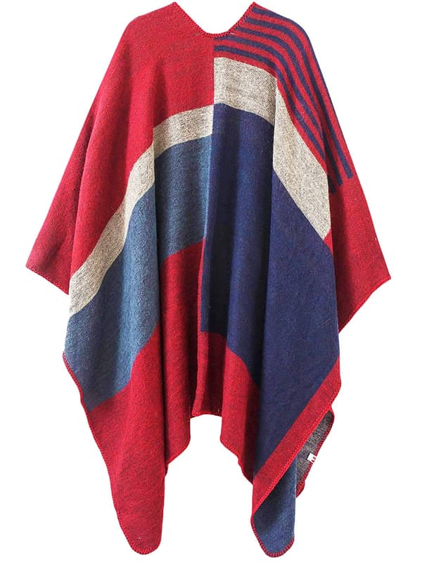 Dame Poncho Strikket Oversized Teppe Cape Skjerf red