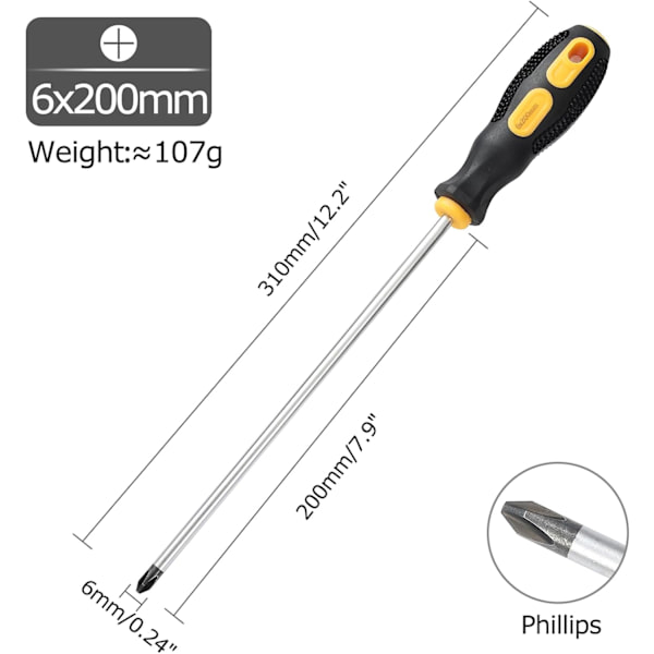 PH2 0,24\" × 7,87\" Phillips-ruuvimeisseli, 2 6×200mm liukuesteellä varustettu ruuvimeisseli, magneettipää, ristipääruuvimeisseli