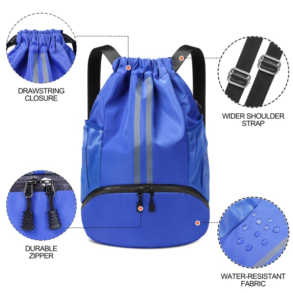 Gymväska med dragsko, stor sportryggsäck String Swim dragsko PE-väskor för kvinnor män, Resestrandskolväska med vattentät Blue