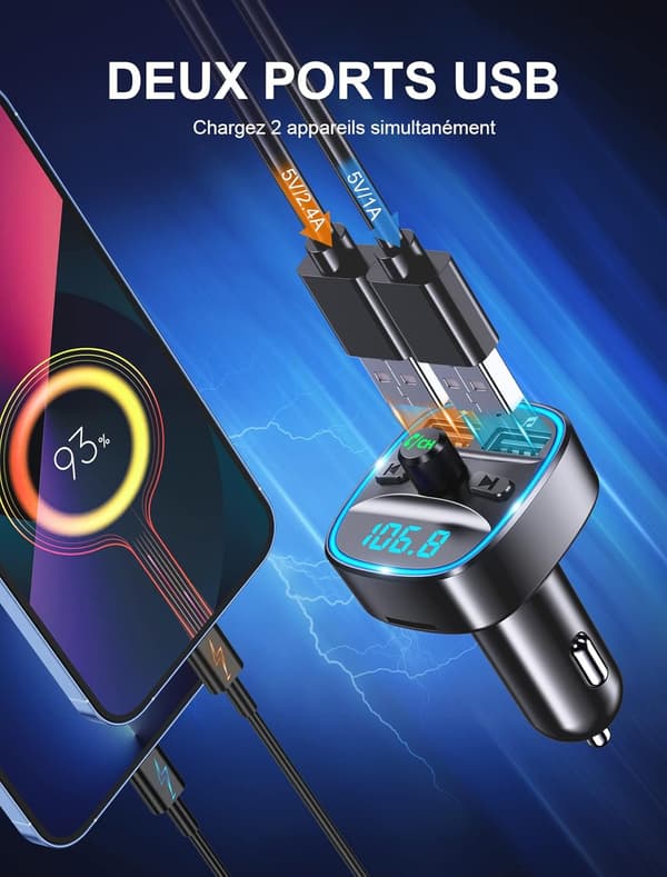 Bil Bluetooth, FM-sender Bluetooth 5.0 Radioadapter Trådløs MP3-afspiller, håndfri opkald, dobbelte USB-porte