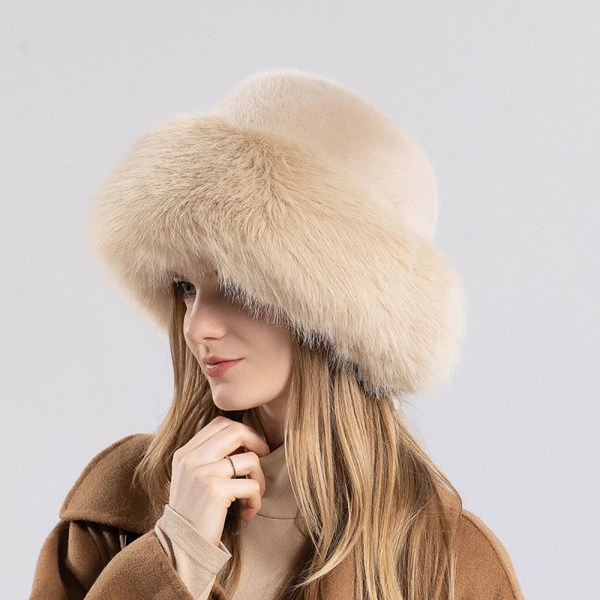 Pels kvinnehatt for vinter, imitert pels vinterhatt, mote tykk tykk fiskerhatt Khaki