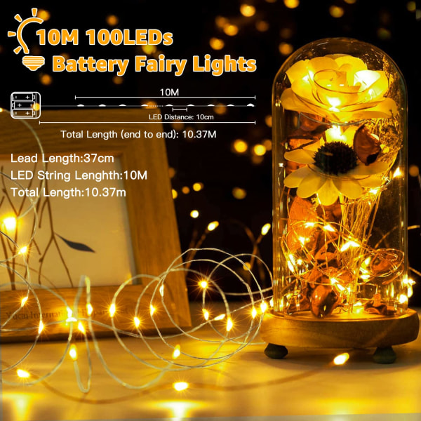 Fairy Lights batteridriven, 10m 100 LED-lampor inomhus utomhus Cooper trådslinga, liten vattentät batteridriven julbelysning (varmvit)