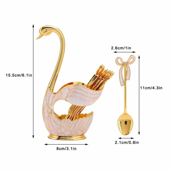 6 stk julekaffe dessertskesæt, frugt/dessertbestik Svanebaseholder skearrangør med 6 stk dessertskeer Gold