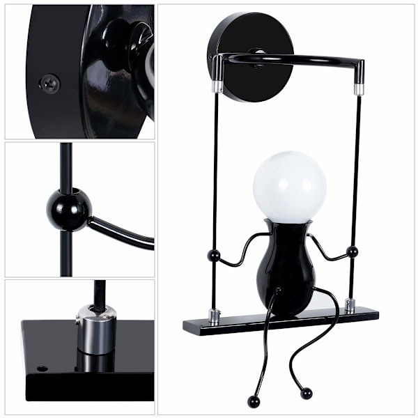 Enkel væglampe sving metal væglampe kreativ væglampe tegneserie lampe til bar, soveværelse, cafe, gang E27 (PÆRE IKKE INKLUDERET) (Sort)