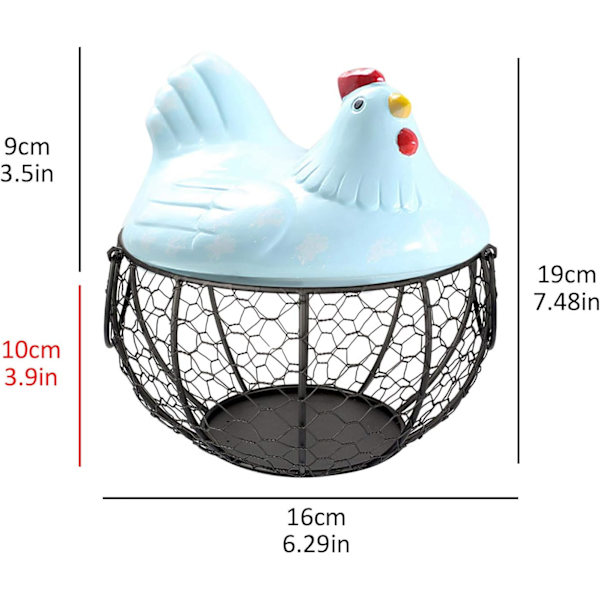 Egg Oppbevaringskurv, med Keramisk Hønse Lokk, Frukt Snack Organizer Blue