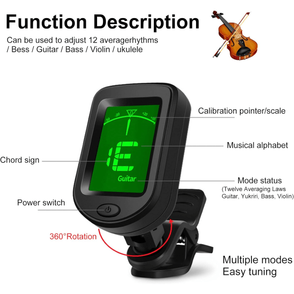 Gitarrstämmare Clip On - Digital Elektrisk Stämmare med LCD-skärm, Elektronisk Stämmare för Akustisk Gitarr, Elgitarr, Bas, Ukulele och mer