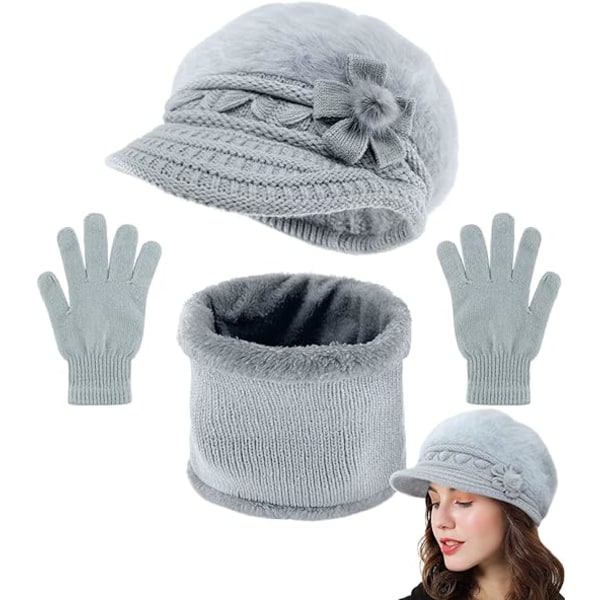 3-osainen hattuhuivi- ja set talven lämpimiä naisia, neulottuja kukkapipopipoja, joissa Visor Fleece -hatut ja kaulanlämmittävä huivi hanskoineen Gray