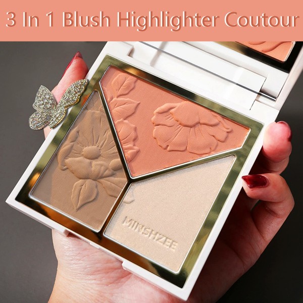 Blusher for kinn, 3 i 1 Blush Highlighter Contour Palette Make Up Powder, Face Blusher for kvinner Naturlig utseende Langvarig svette (farge 1)
