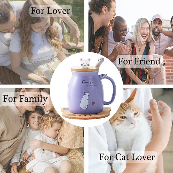Kattmugg Söt Keramisk Kaffekopp med Söt Kattlock Rostfritt Stål Sked, Nyhet Morgonkopp Te Mjölk Presenter Jul, Lila