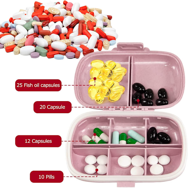 1 Resepåse, 8 fack, Bärbar liten pillerlåda för handväska, Medicin, Vitaminer, Rosa