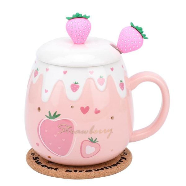 Rosa mugg, söt jordgubbskopp med cover , keramisk kaffemugg, Kawaii-kopp för temjölk, Kvinnliga flickor Student i koreansk stil jul födelsedagspresent