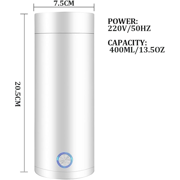 Resekokare, 400 ml automatisk avstängning, bärbar elektrisk vattenkokare, rostfritt stål foder snabbkokande flaska (vit)