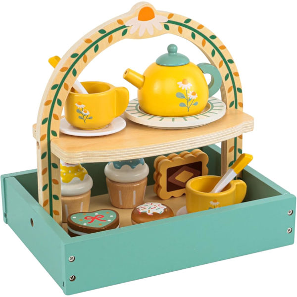 Trä Dessertkaka Te Party Set för Lilla Flickor Leksaker, Lek-Laga Mat Barn Te Set, Trä Lekmat Kökstillbehör Set för Barn