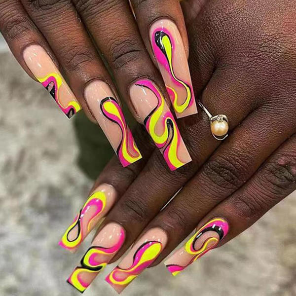 24 st falska naglar, gula och rosa vågiga tryck på naglar mönster, ballerina klistra på naglar för kvinnor, kistfalska naglar för nagelkonstdekoration