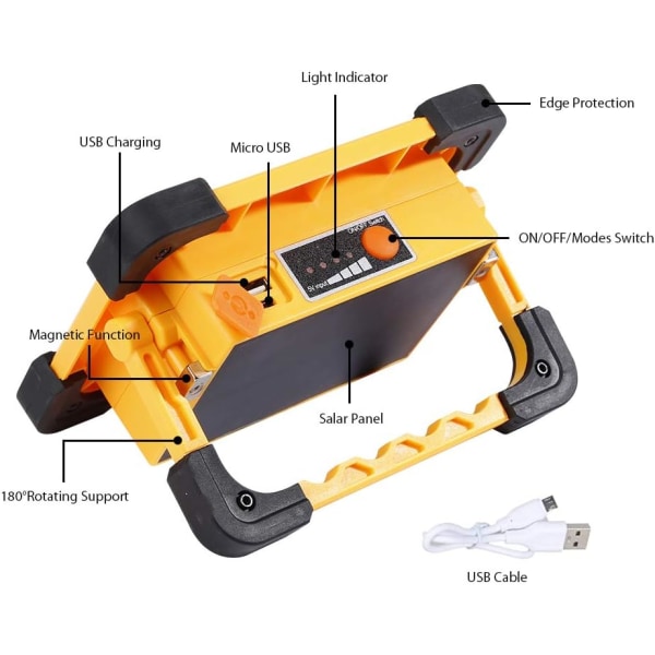 Bærbart LED-solar arbejdslys 70W 4000LM USB genopladelig inspektionslampe med 4 lystilstande, Power Bank, Bright Light, Handy Light, Spotlight