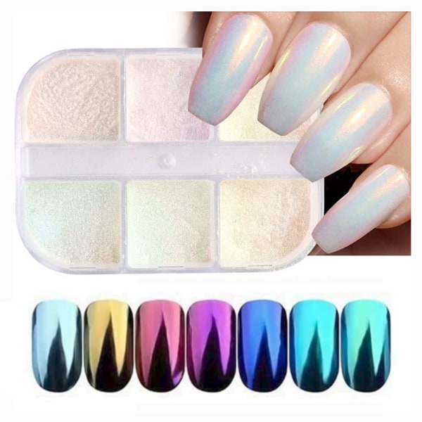 6 färger krom nagelpulver kit för nagellack blå rosa grön vit lila gul pärla sjöjungfru regnbåge holografiskt iriserande pigment
